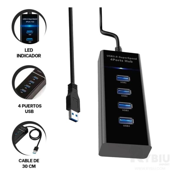 Hub con 4 Puertos USB 3.0 5gbps 30 cm Indicador Led Super Speed - Imagen 3